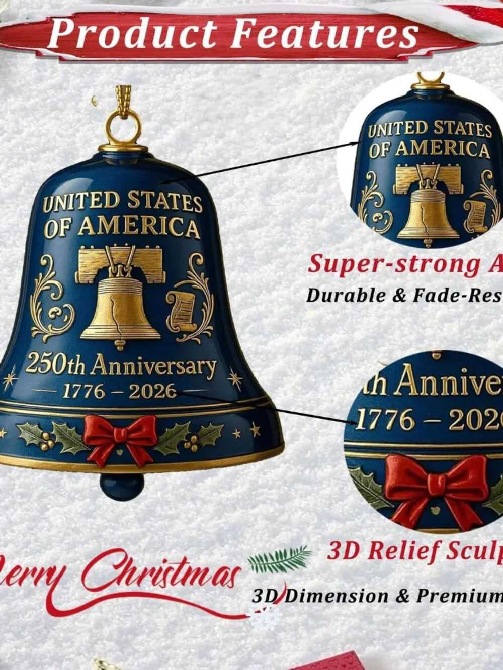 250th Anniversary Bell Ornament,Vintage 250th Anniversary Ornament,3D Red and Go - Picture 5 of 9
